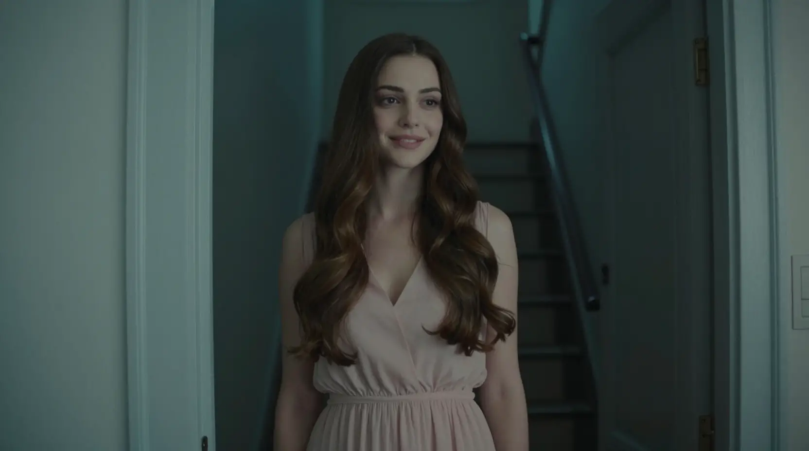 Serene woman by a front door in dim stairwell