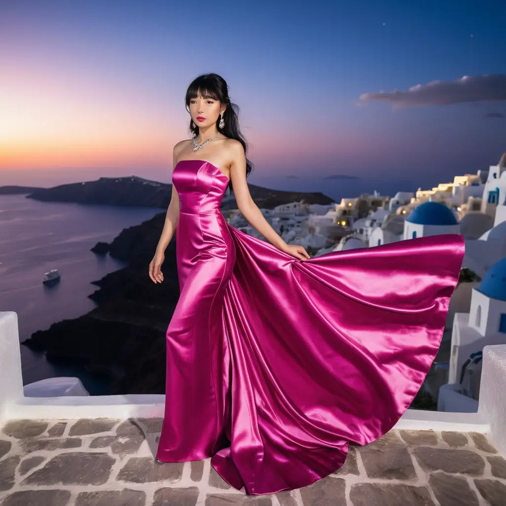 Chica elegante con vestido de satén fucsia de noche en Santorini