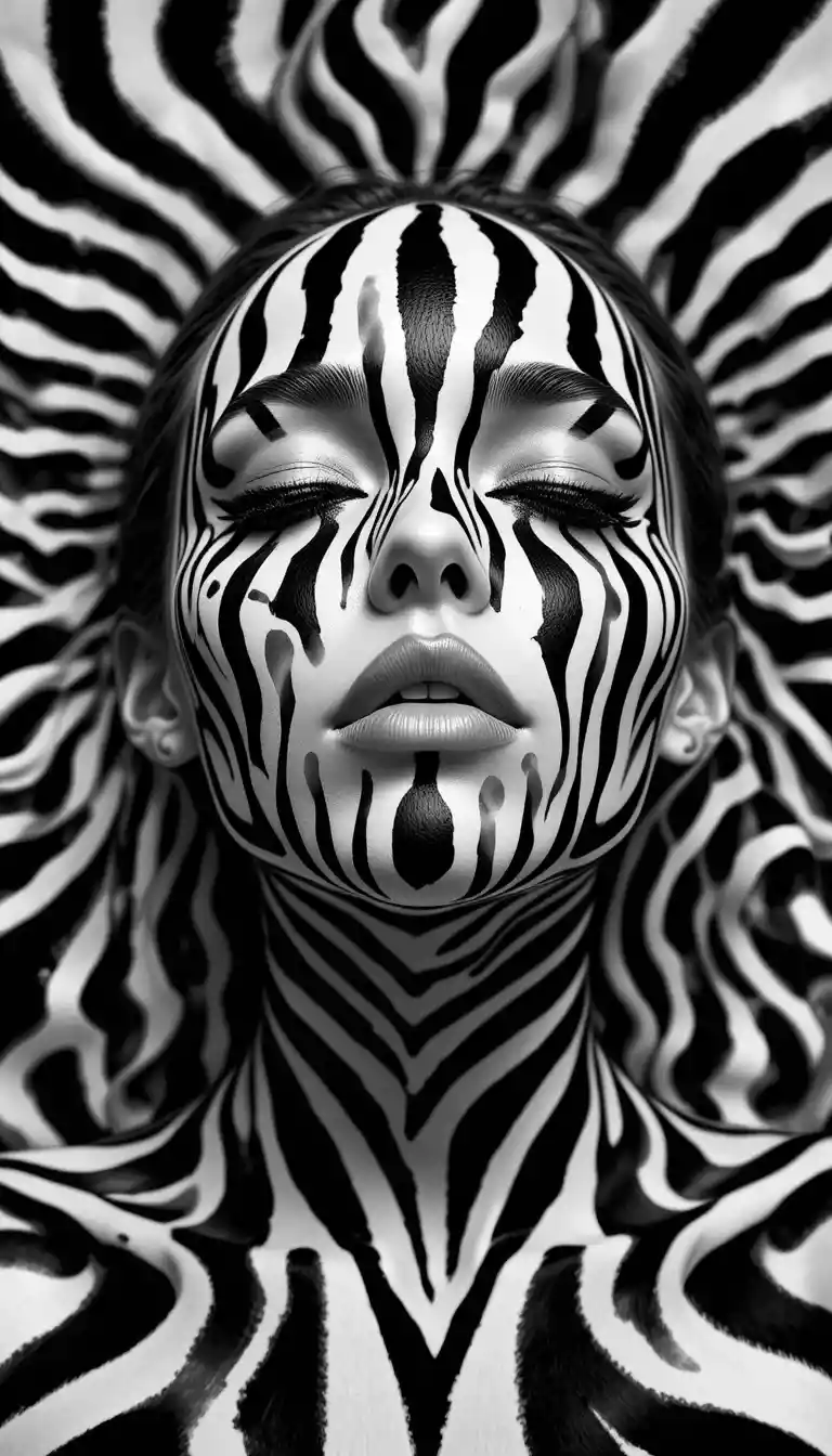 Surreal woman face in wavy zebra stripe black and white pattern