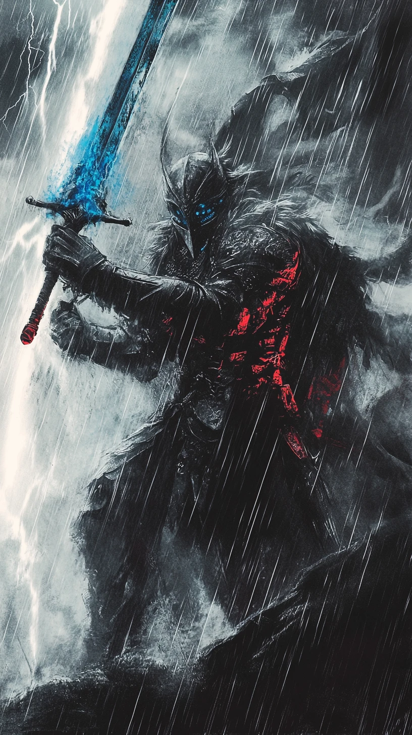 Viking warrior in rain on a charcoal battlefield