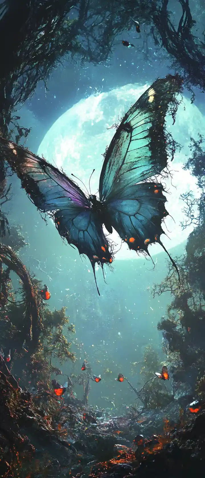 Borboleta gigante esfarrapada sobre uma clareira de floresta ao luar