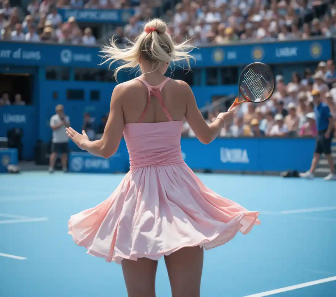 Female tennis player swings on bright blue outdoor court