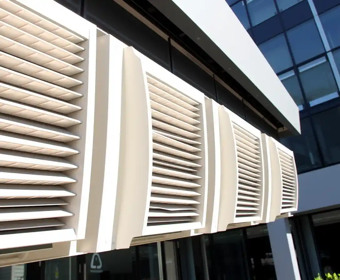 Spezialisierte Schallschutzlamellen an einer modernen Gebäude­fassade