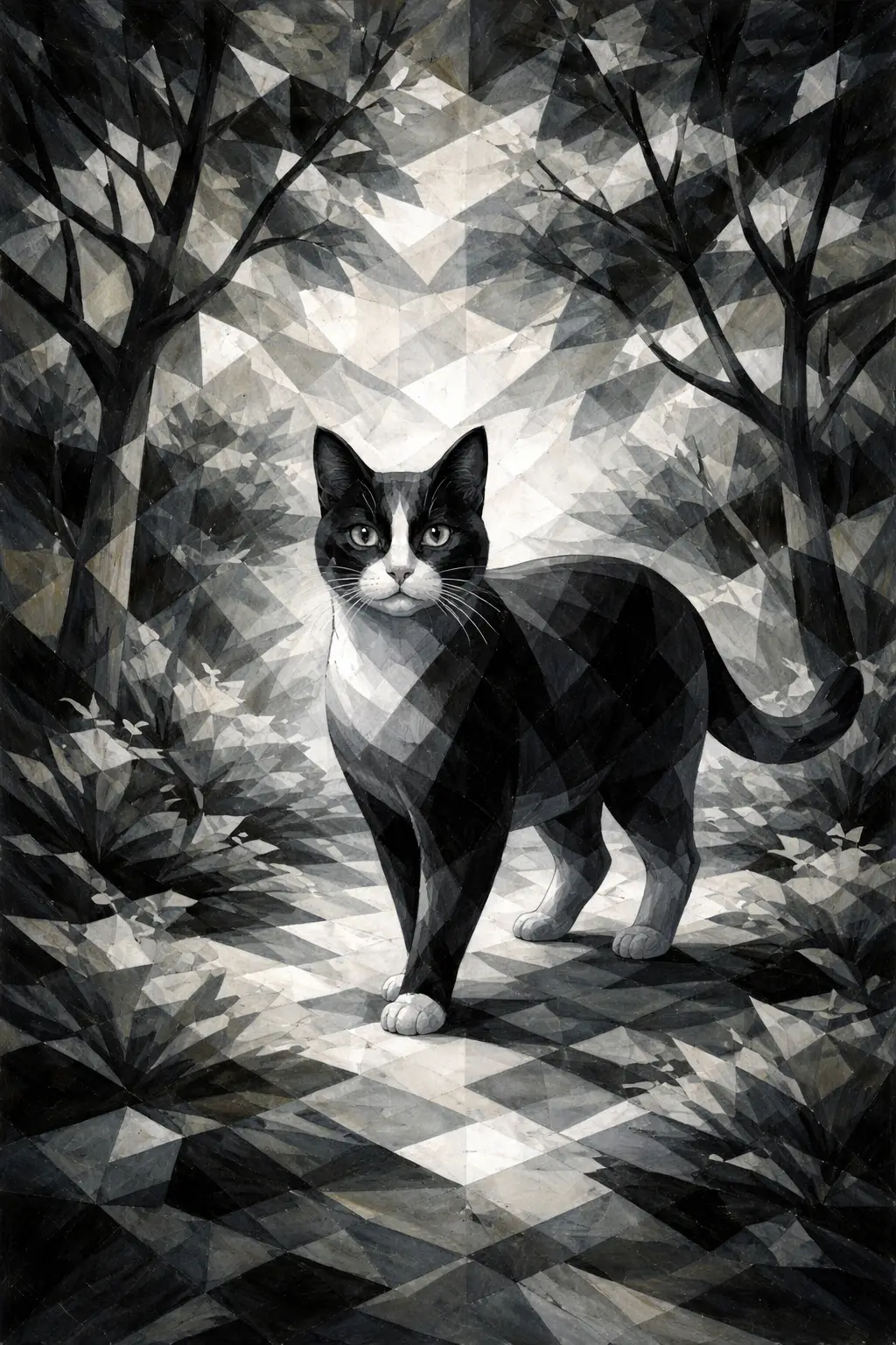 Cubist cat standing in a monochrome abstract garden