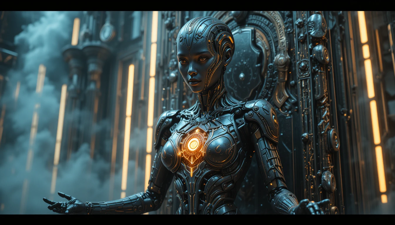 Reina robótica futurista en una brillante sala del trono de alta tecnología