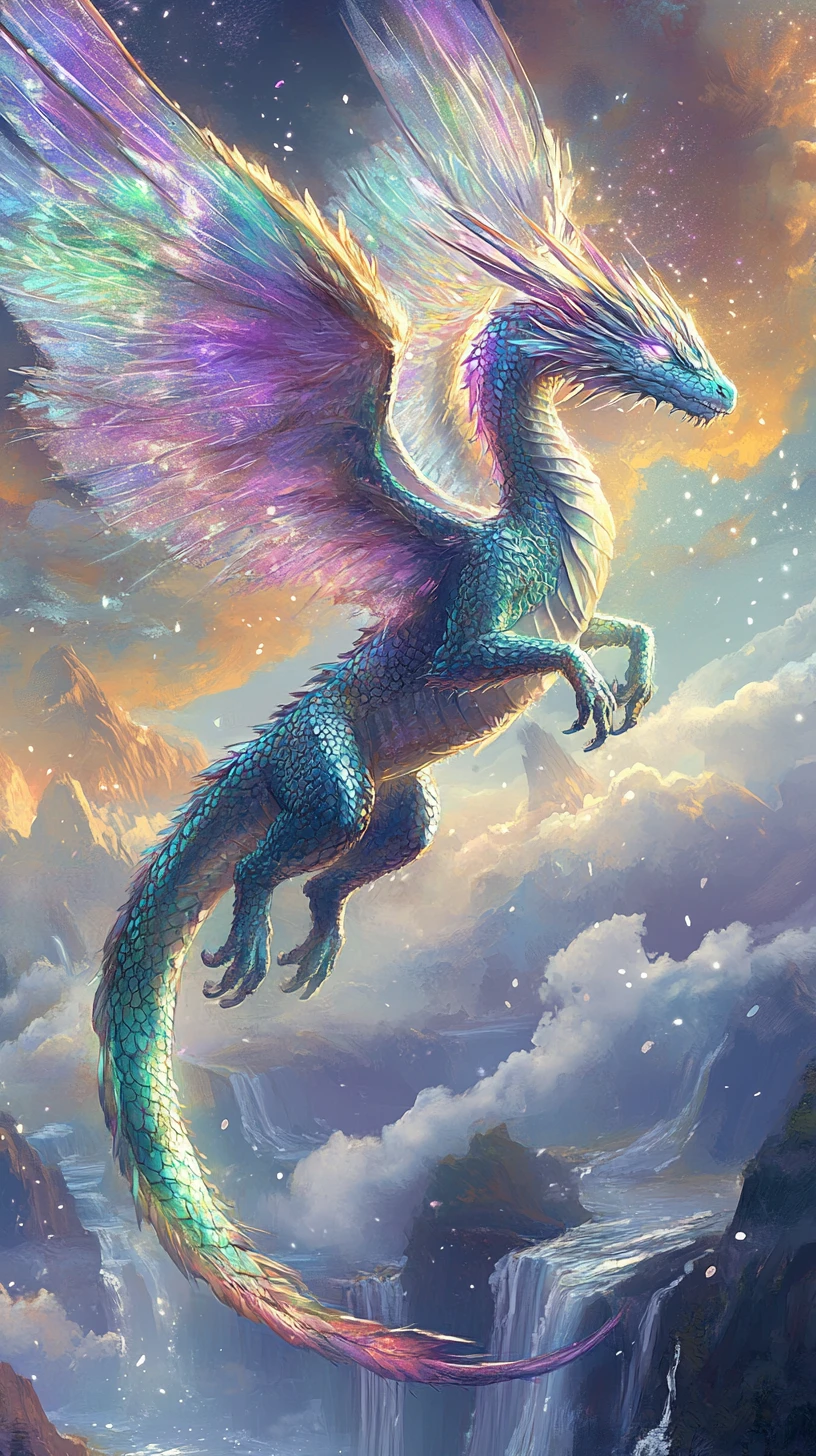 Celestial dragon of light soaring over floating islands