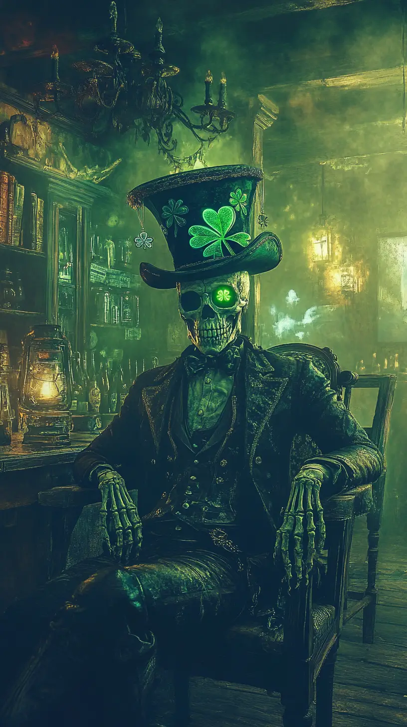 Skeleton In Shamrock Hat In A Ghostly Irish Pub Scene