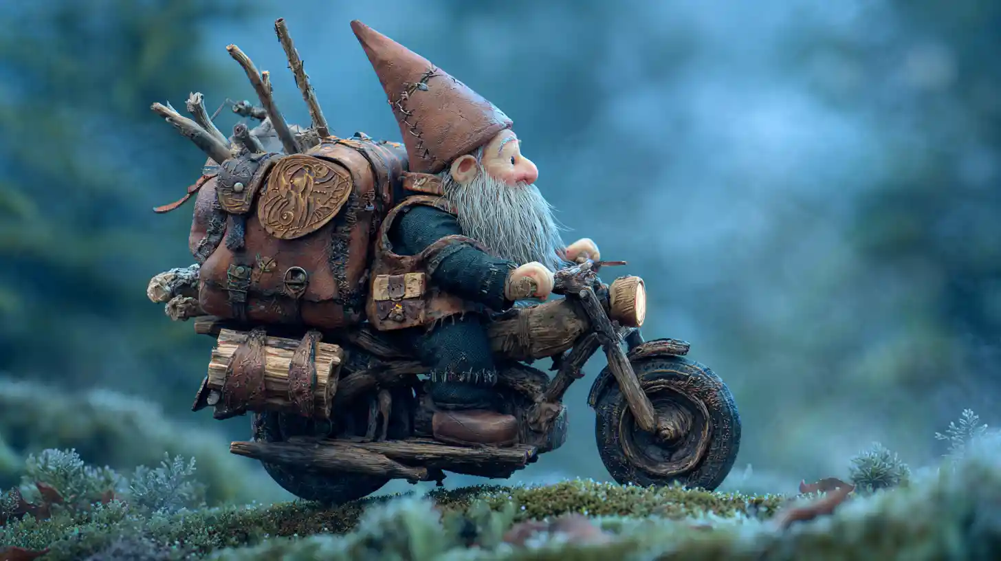 Tiny gnome riding a stick motorbike through misty forest