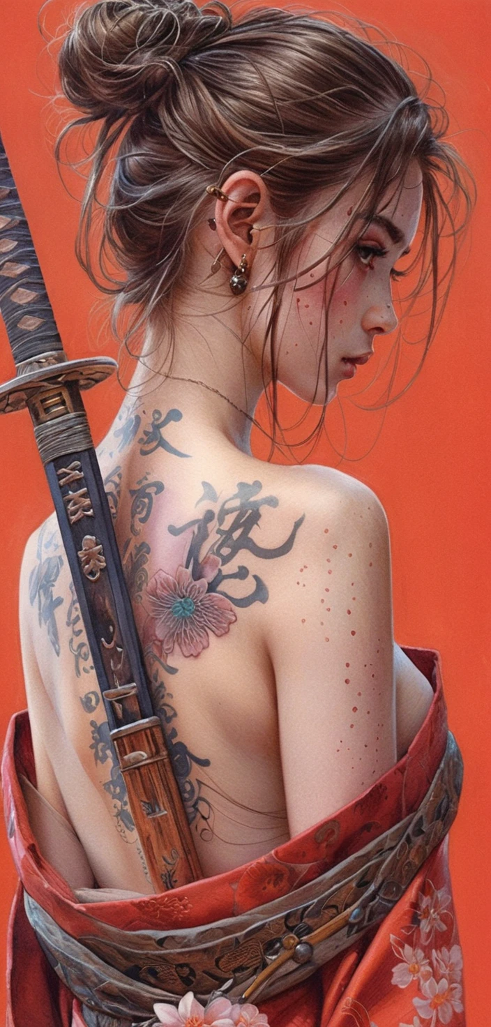 Tattooed kimono clad warrior woman with katana on red background