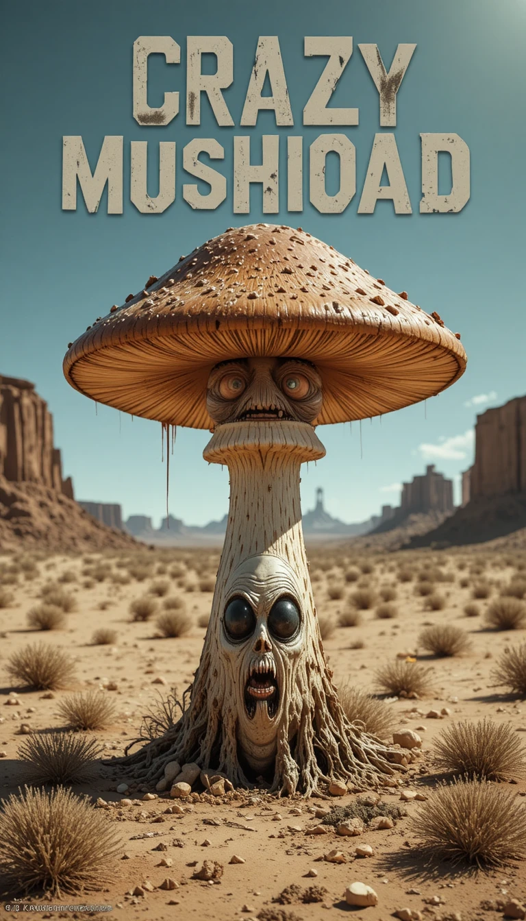 Goofy macabre mushroom character in post apocalyptic desert