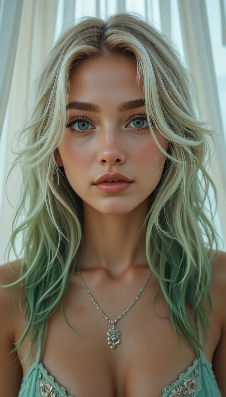 Smiling woman with green eyes and messy blonde emerald hair