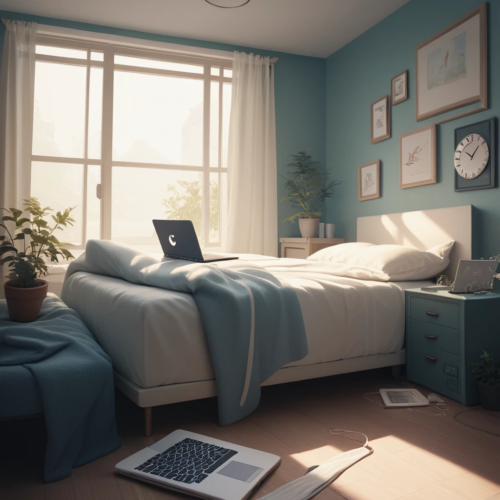 Dormitorio en miniatura con cama reloj blanca y pequeño escritorio de estudio