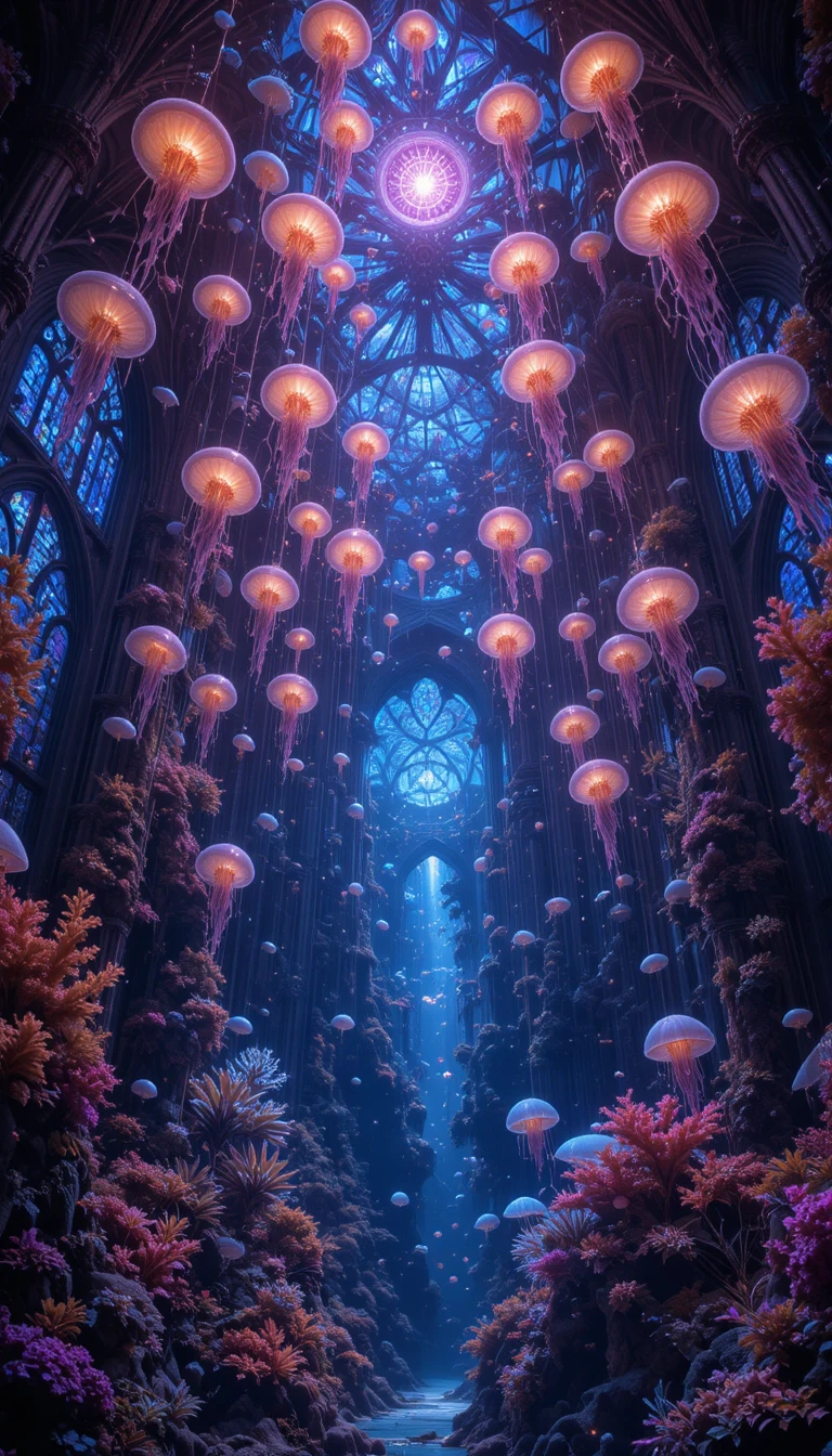 Catedral submarina de medusas luminosas y ventanas de coral