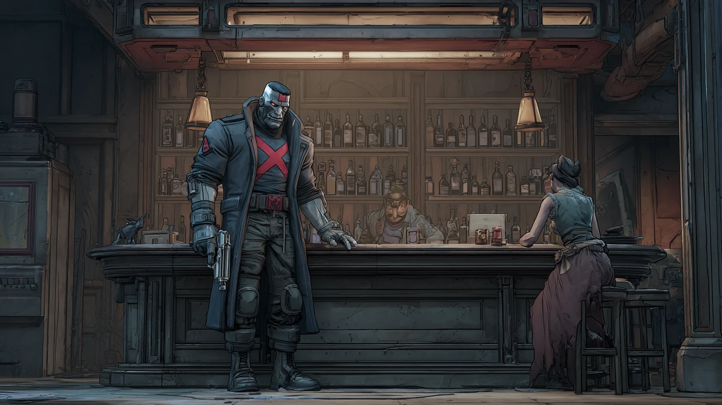 Grim Gun Toting Antihero Grabbing Bartender In Dark Bar