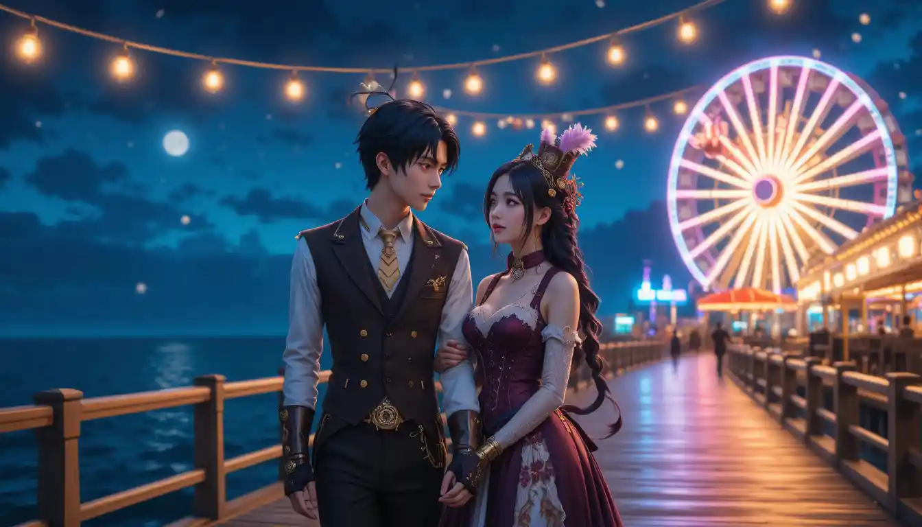 Anime couple in steampunk fashion at night carnival pier