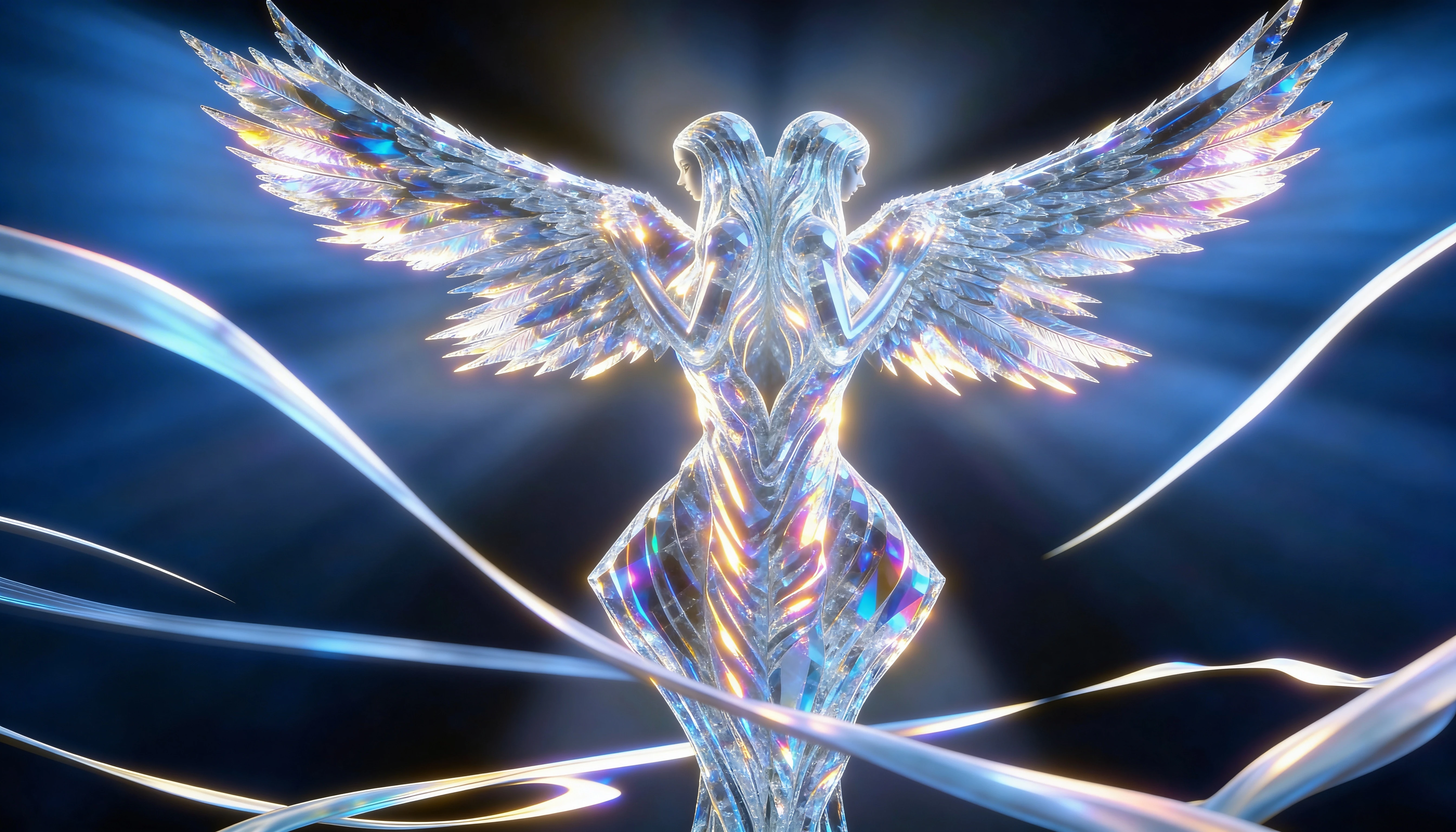 Epic crystal sculptures in a dramatic cinematic 3D scene