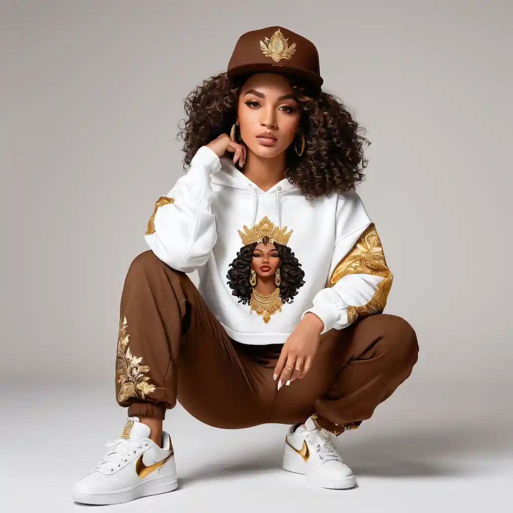 Urban goddess style woman in ornate streetwear