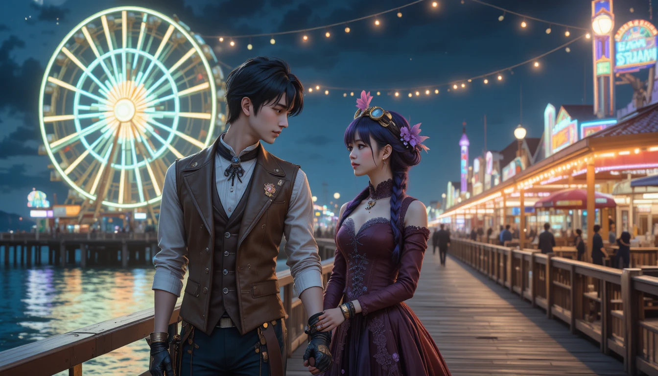 Anime steampunk couple at a night seaside amusement park