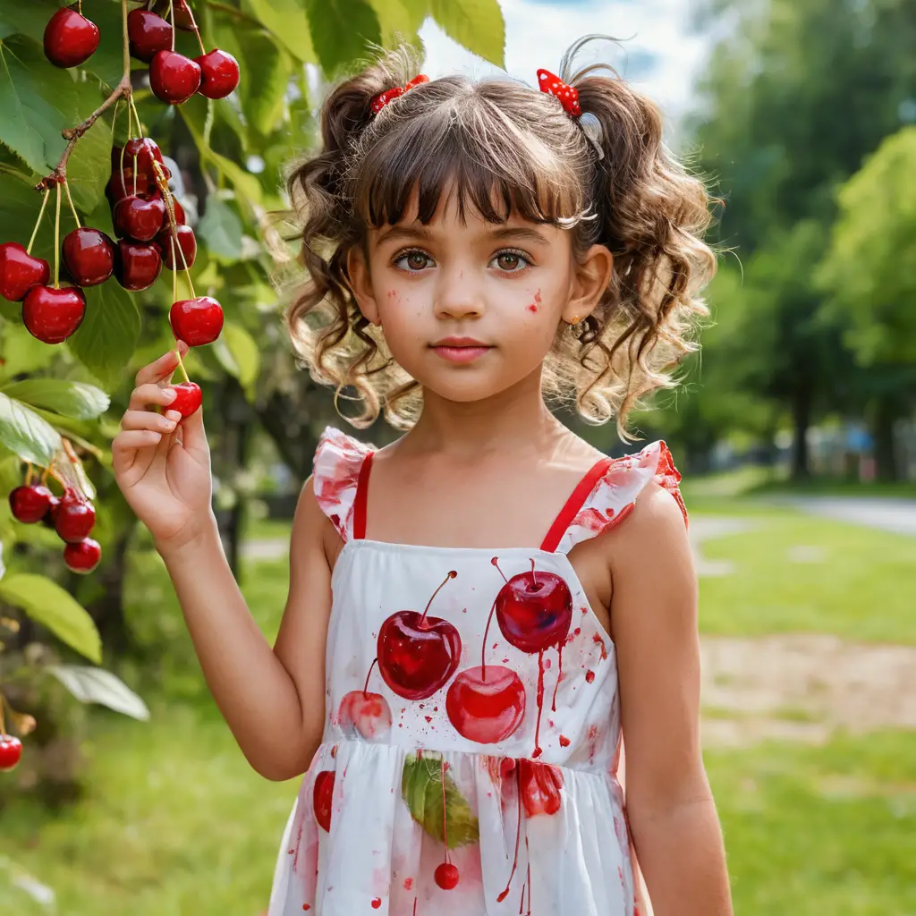 Young girl in white and red dress holding cherries outdoors