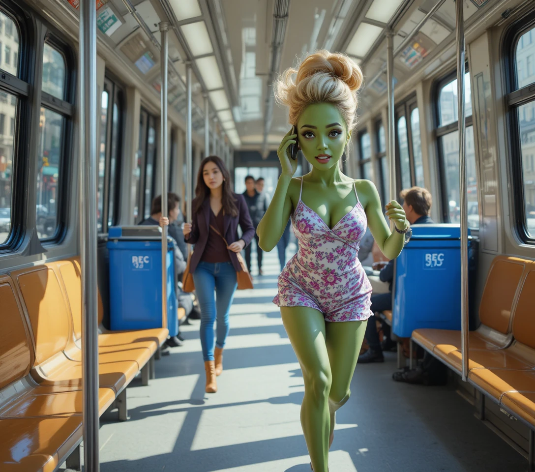 Mujer musculosa verde y furiosa corriendo por un parque soleado