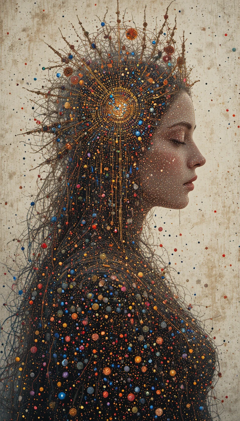 Full figure woman painted in luminous pointillist dots