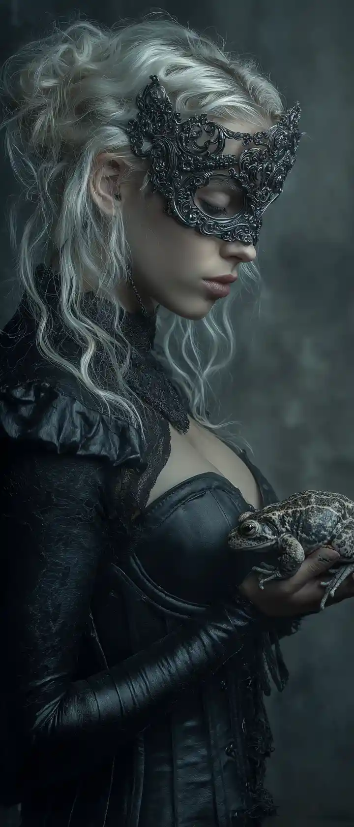 Dark fantasy maiden with mask and mechanical toad