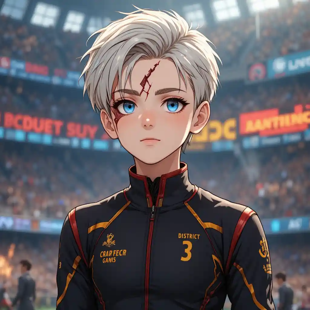 Injured anime boy in black arena uniform with pale blue eyes