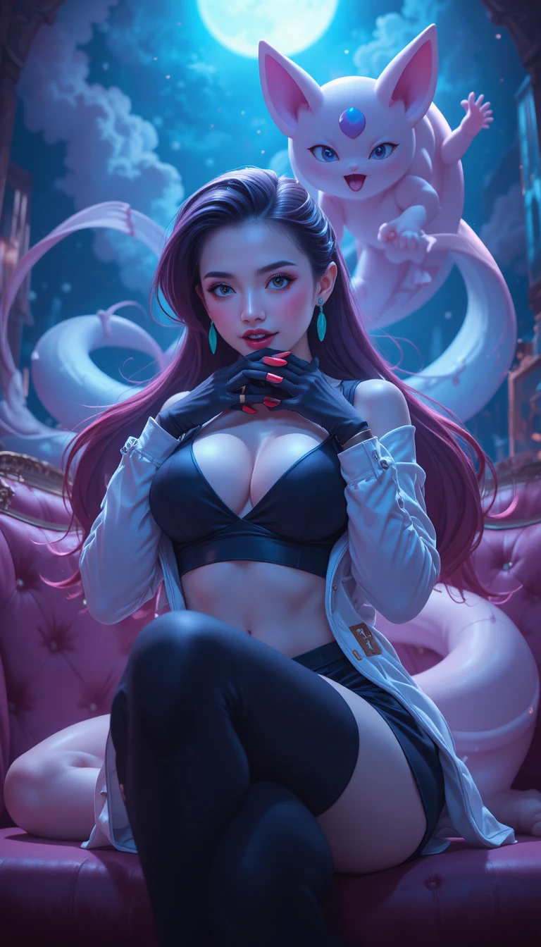 Confident anime woman in team outfit at nightclub