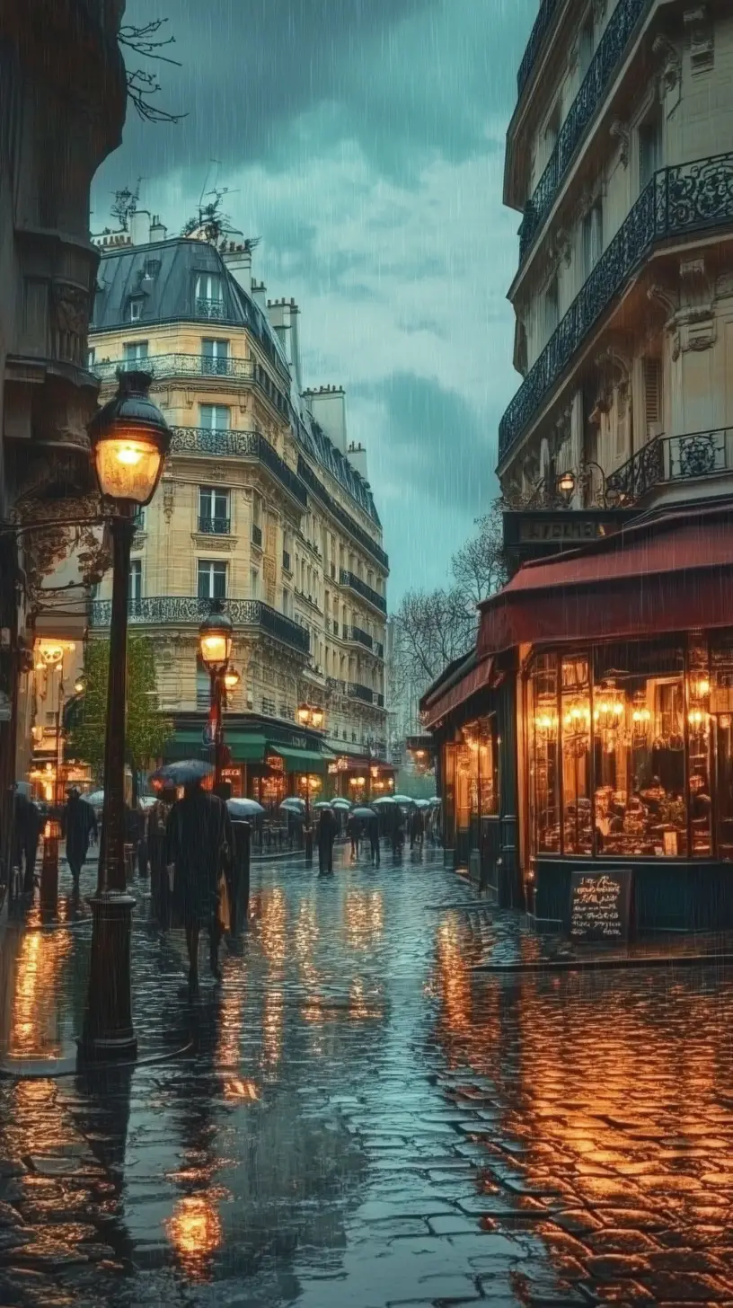 Rain soaked paris boulevard with glowing cafes at night