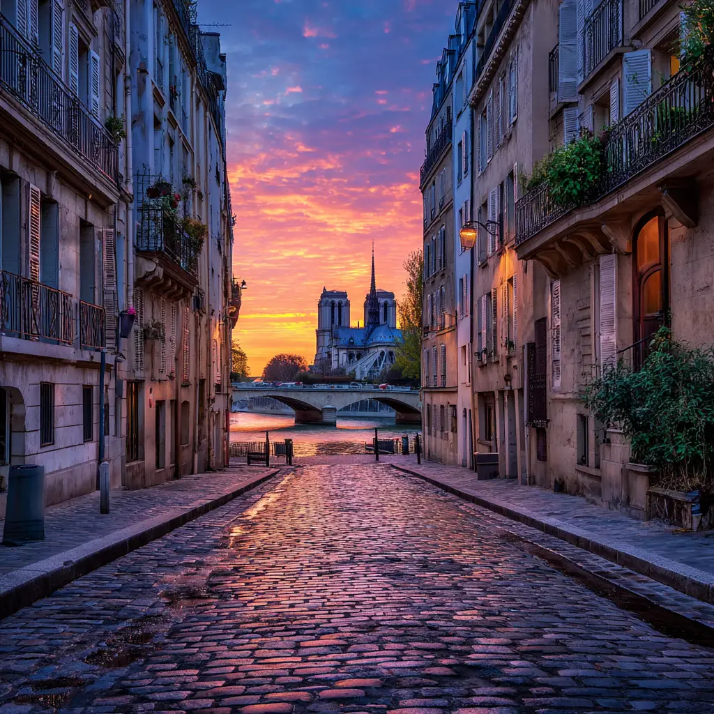 Paris cobblestone street at sunset facing Notre Dame