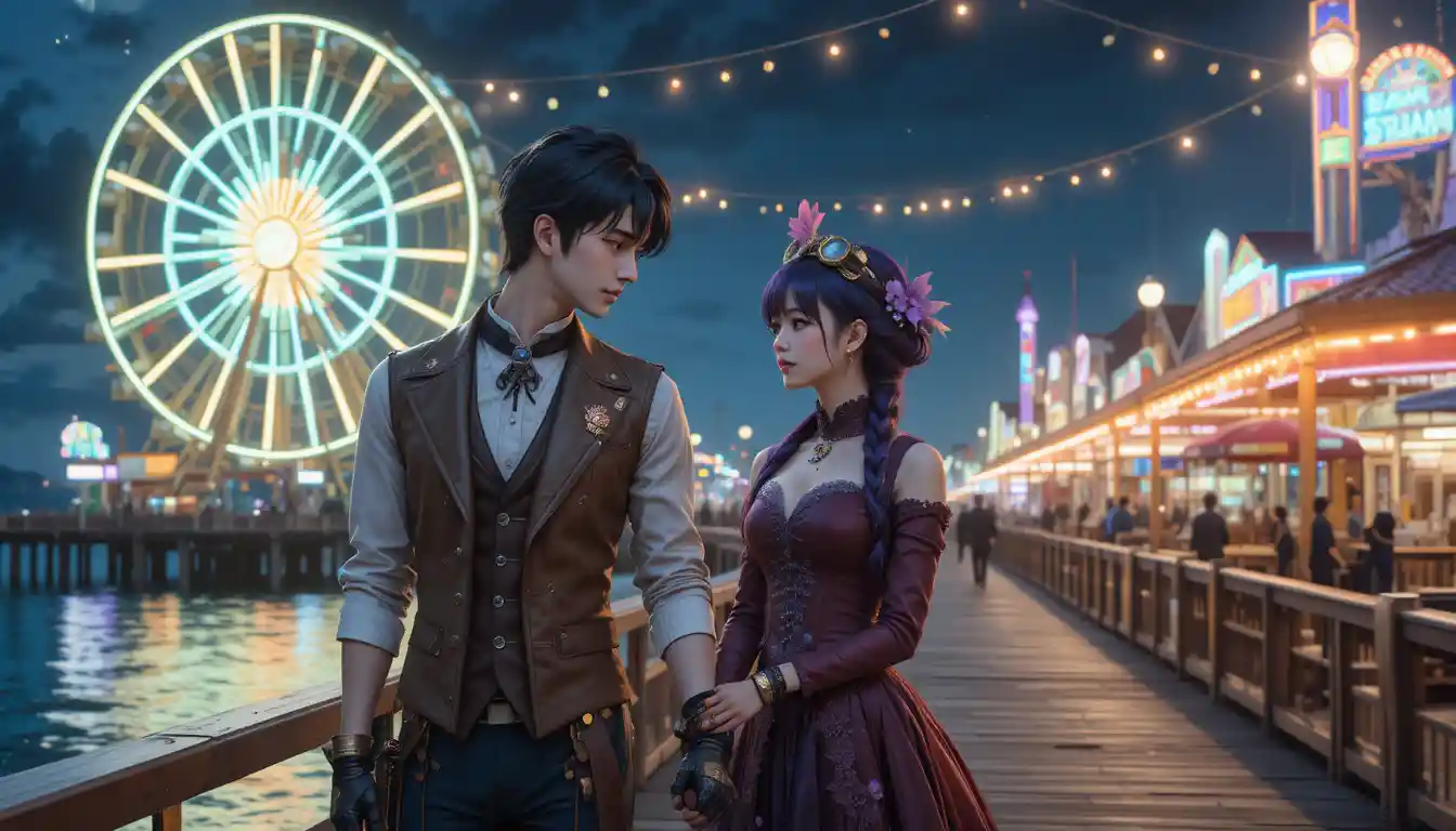 Anime steampunk couple at a night seaside amusement park