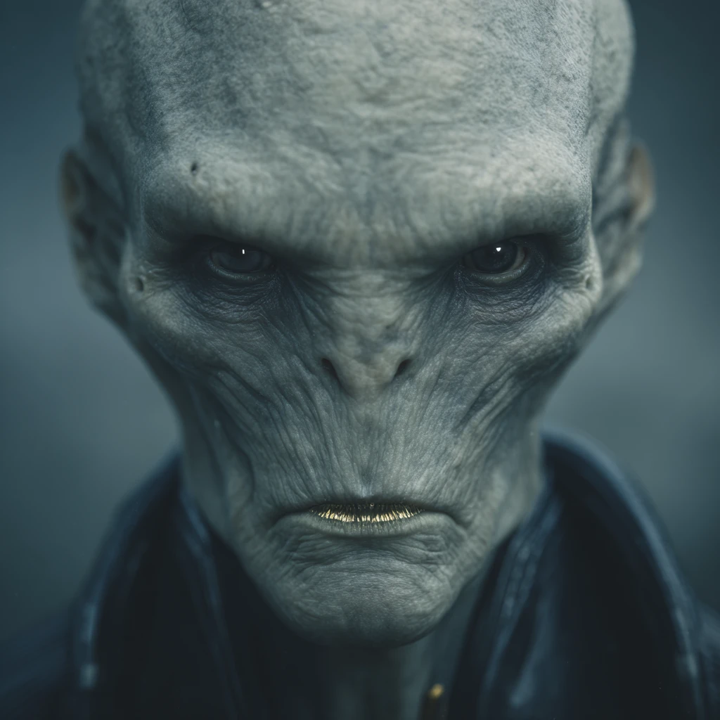 Menacing alien in black latex suit studio portrait