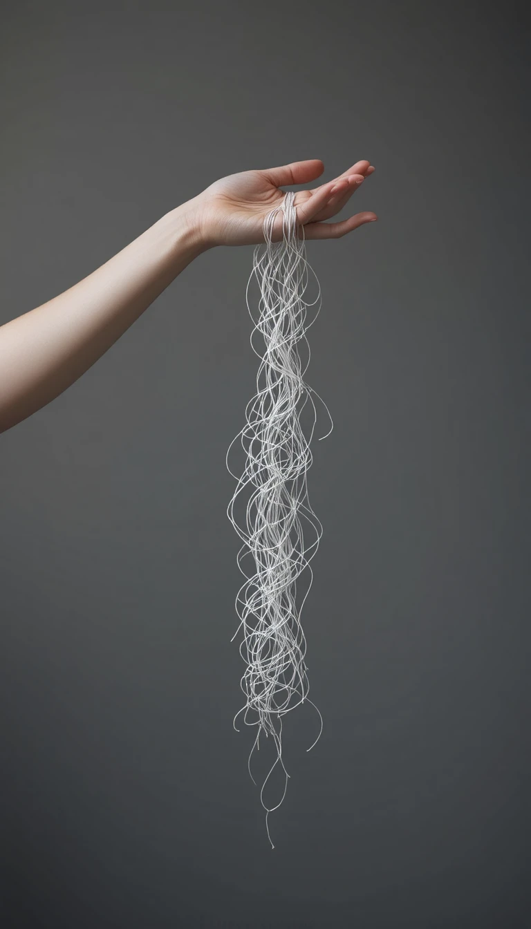 Minimalist arm holding tangled white string on dark background
