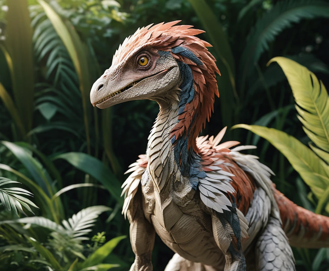 Feathered velociraptor anime portrait with soft gentle light