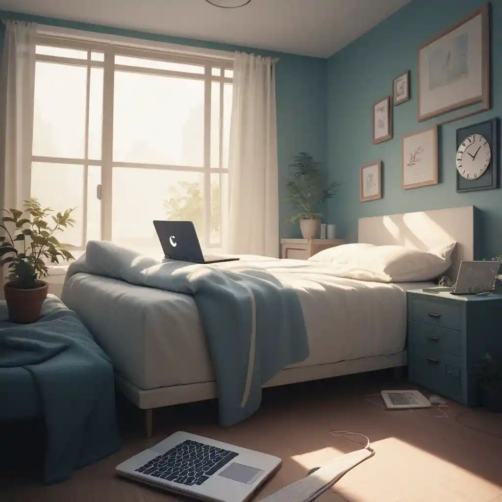 Dormitorio en miniatura con cama reloj blanca y pequeño escritorio de estudio