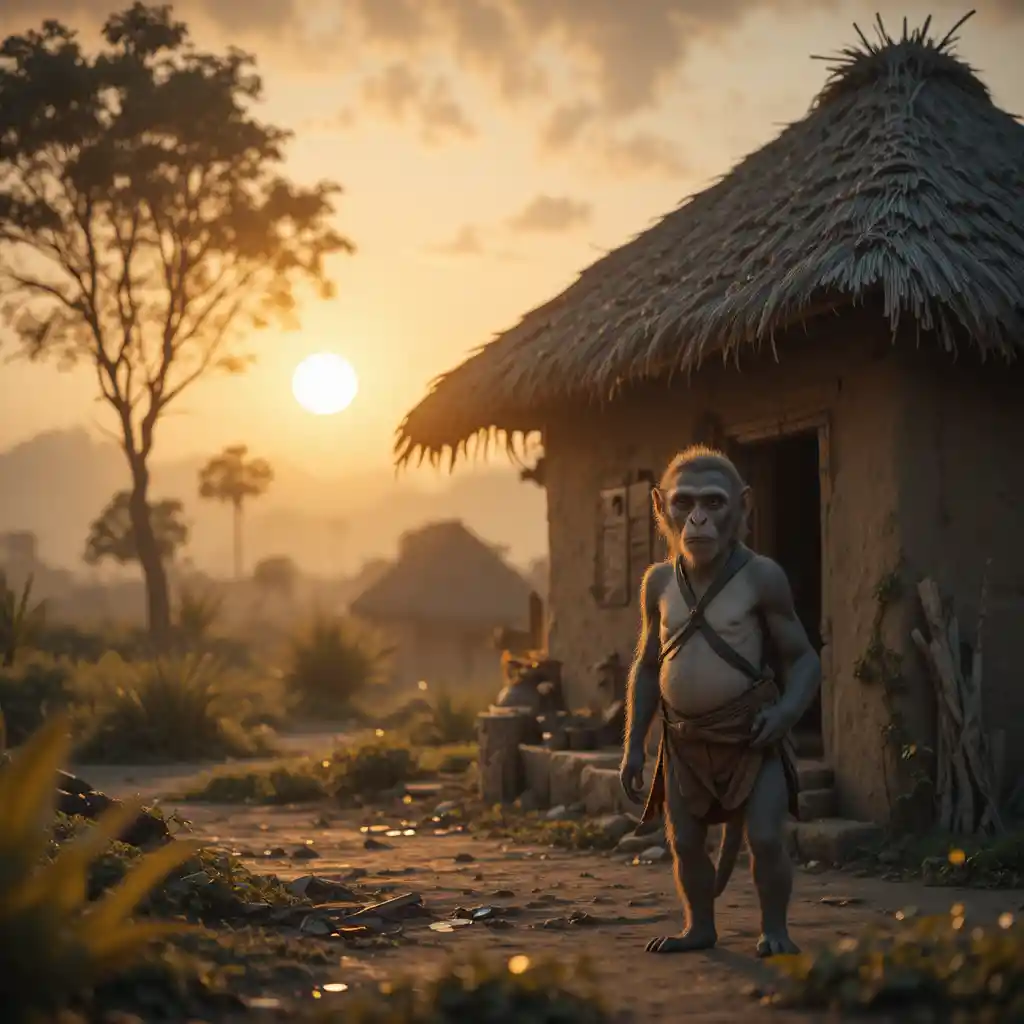 Two monkeys outside a rustic village house at sunrise