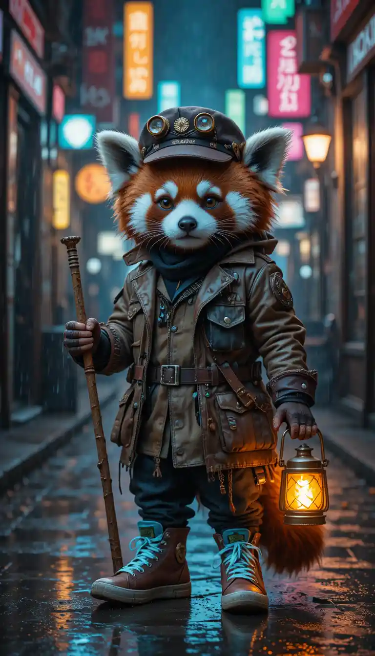 Roter-Panda-Reisender in Neon-Gasse mit leuchtender Laterne