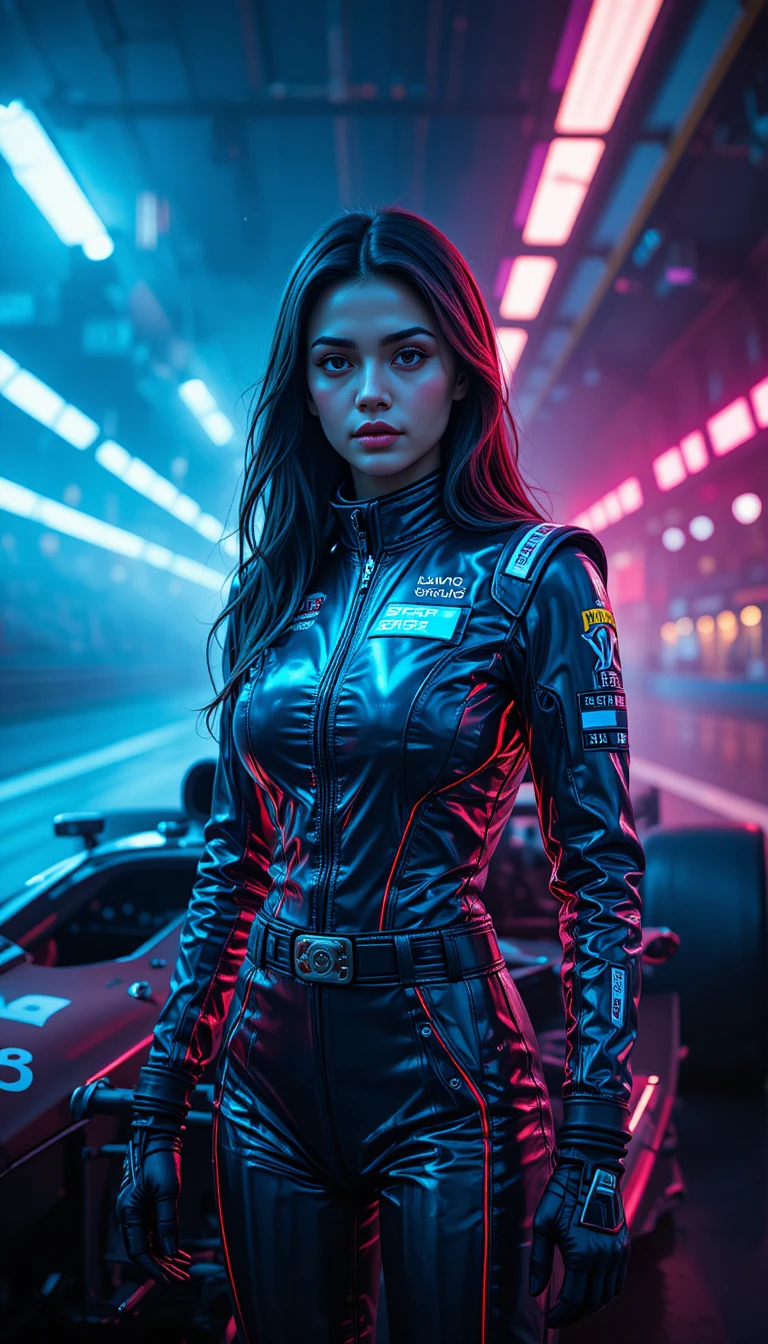 Pilota donna accanto ad auto al neon su pista futuristica