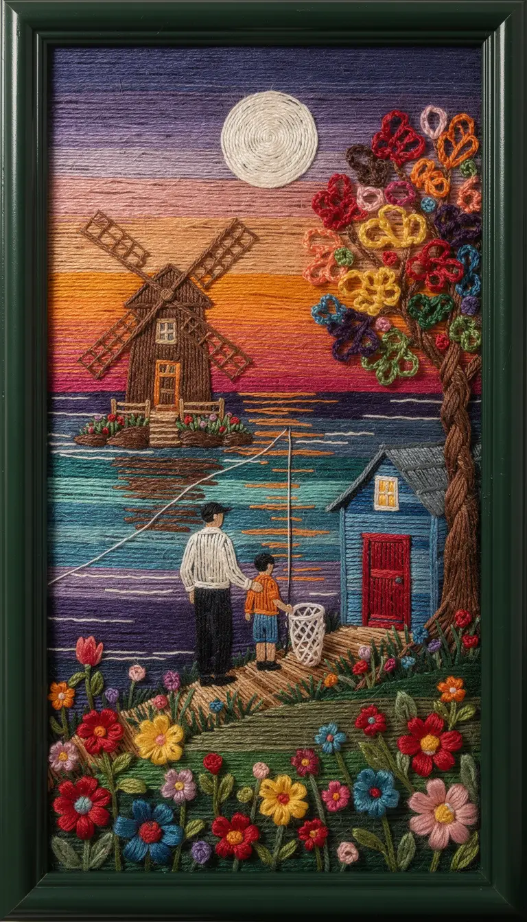 Cena tranquila de moinho ao luar em colorida arte com fios