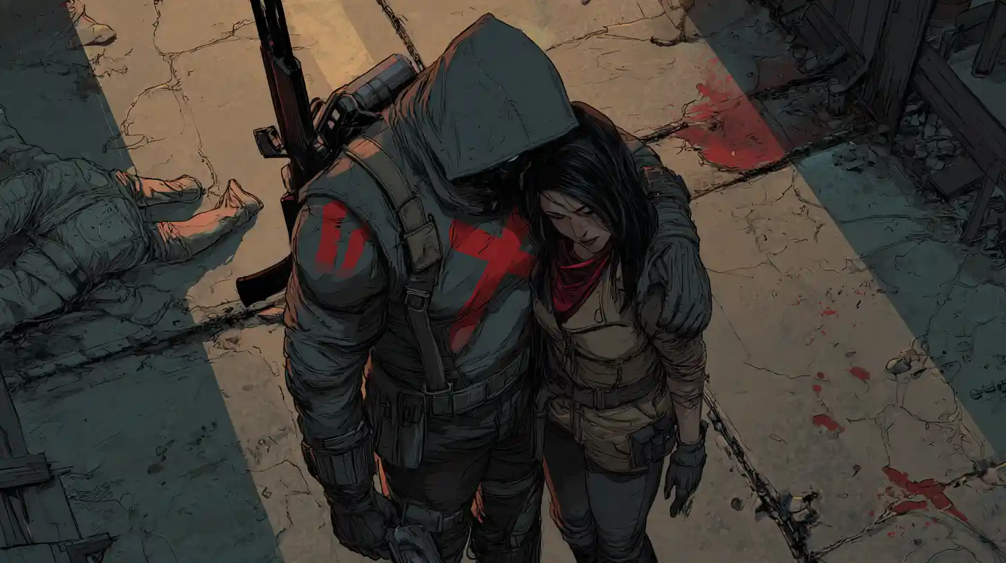 Dark urban vigilante comforting a crying woman