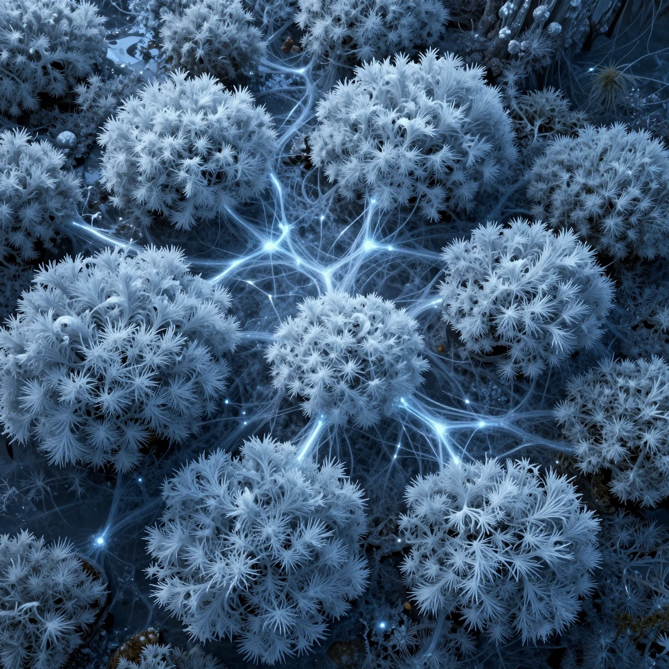 Musgo azul luminiscente que forma ramificados patrones geométricos de hielo