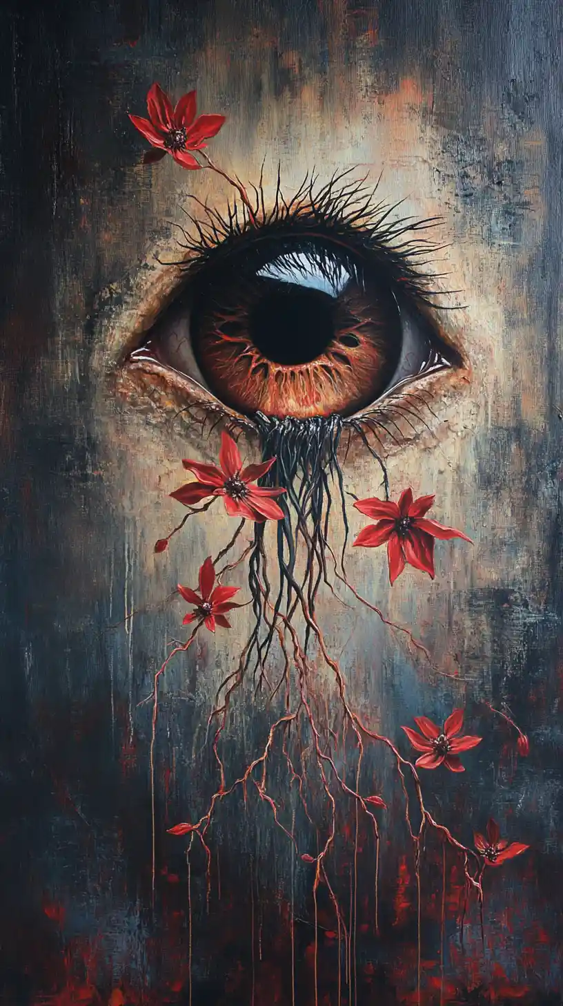 Surreal Split Eye With Seeds And Flowers In Darkness