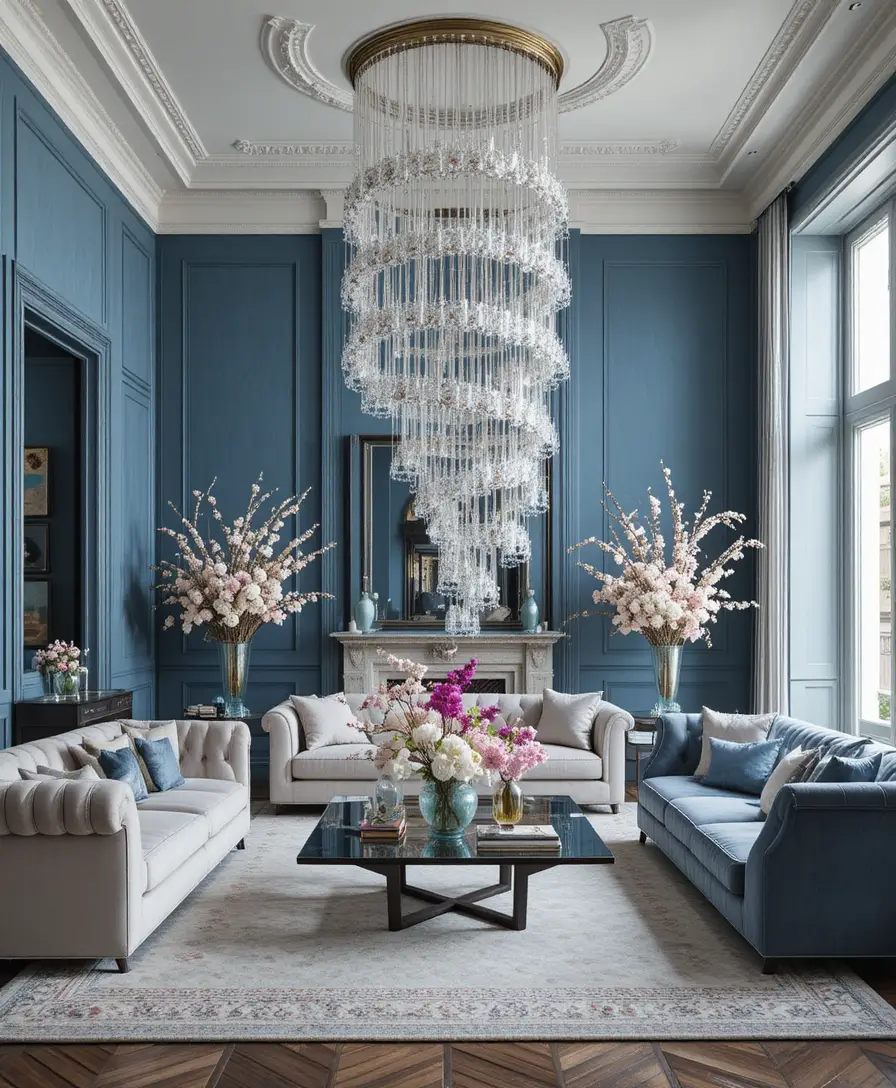 Elegant blue living room in a historic mansion interior