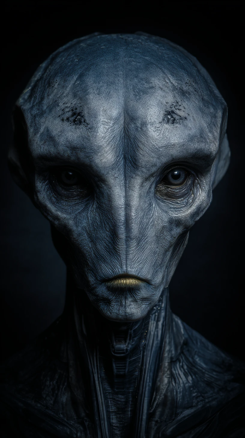 Unsettling Alien Humanoid In Black Latex Studio Portrait