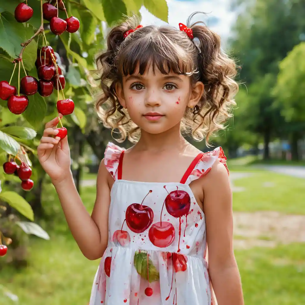 Young girl in white and red dress holding cherries outdoors