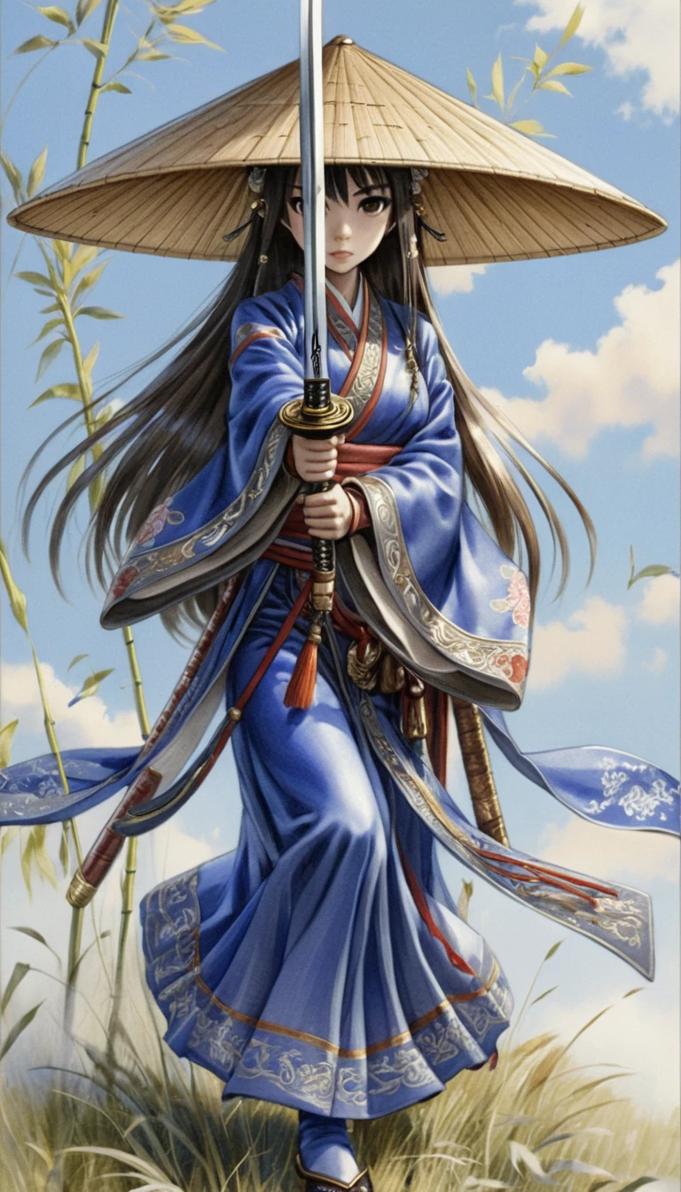 Mujer samurái de anime desenvainando su espada en un campo ventoso