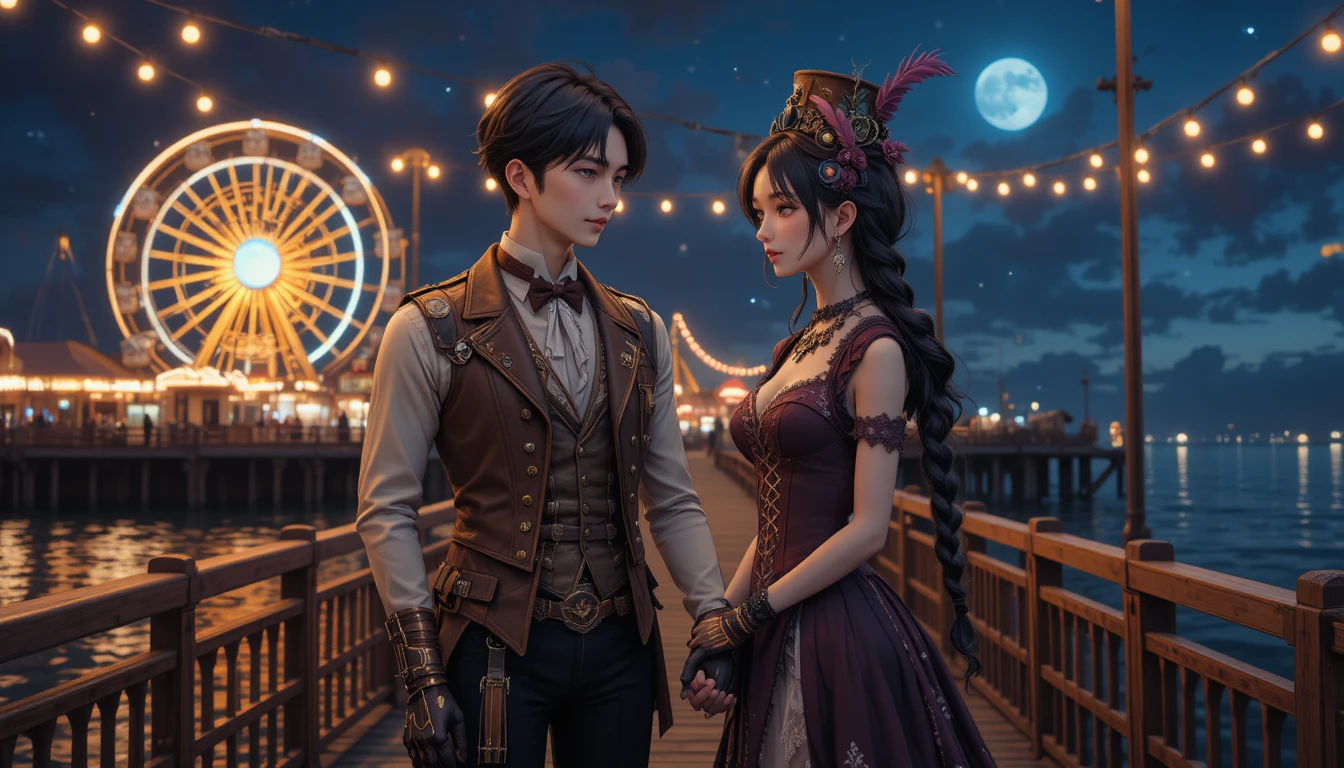Anime couple in steampunk fashion at night carnival pier
