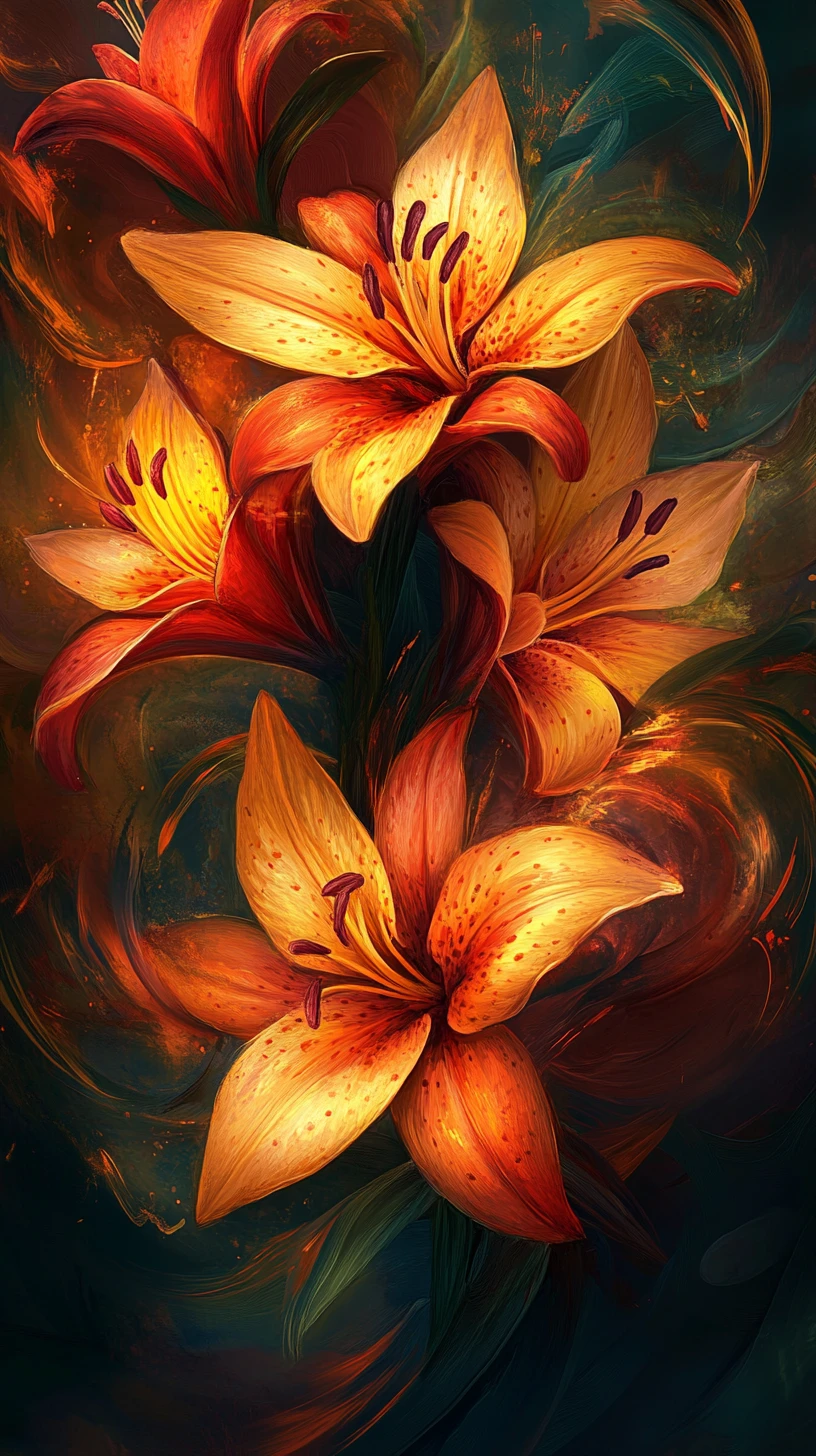 如火焰般旋繞的鮮豔百合數位插畫