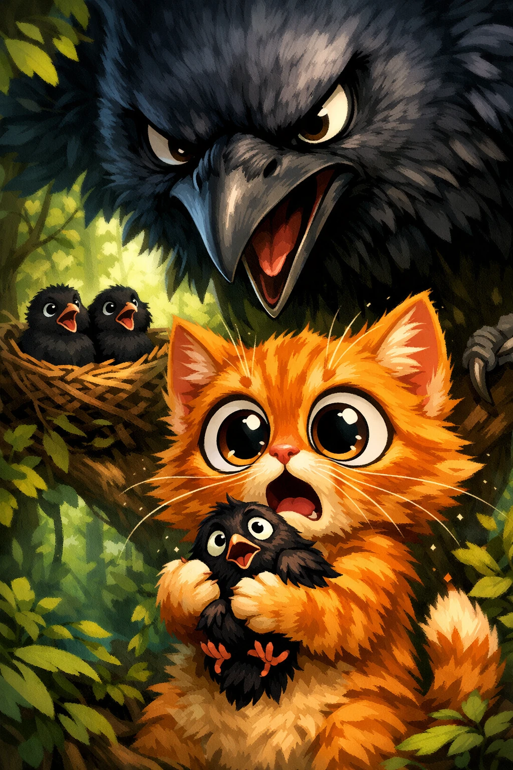 Anxious orange cat gripping a tiny black bird