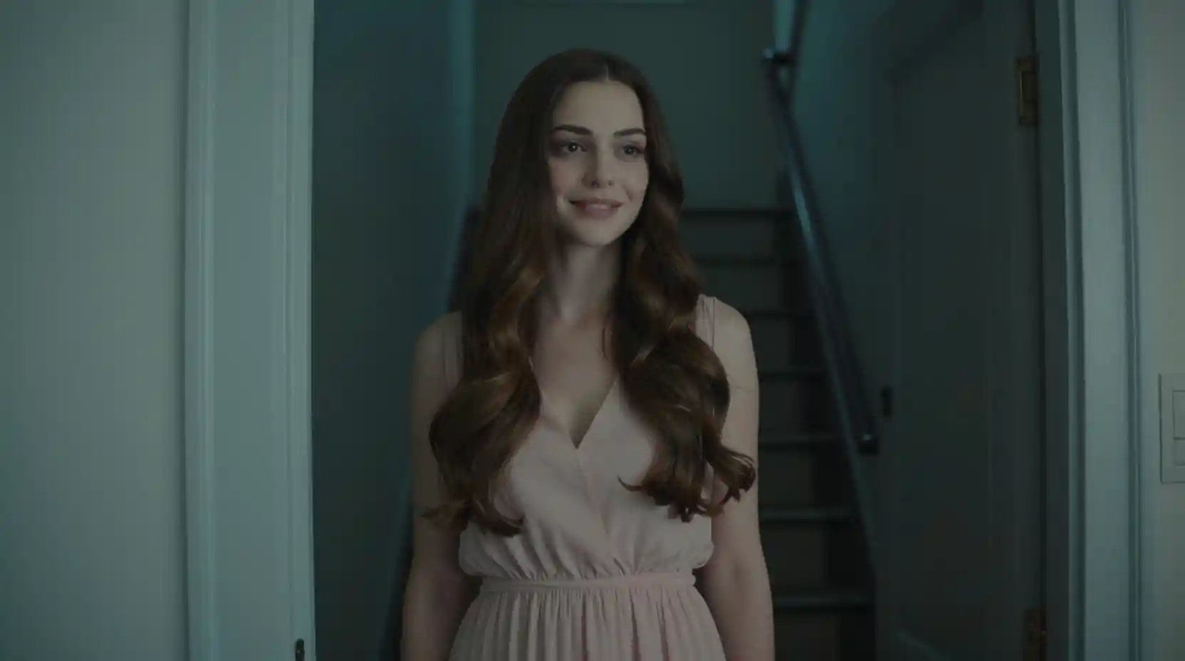 Serene woman by a front door in dim stairwell